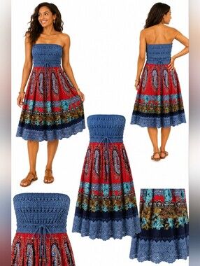Forever 21 (Twenty One) Boho Strapless Crochet Maxi Dress | Blue Crochet Bodice